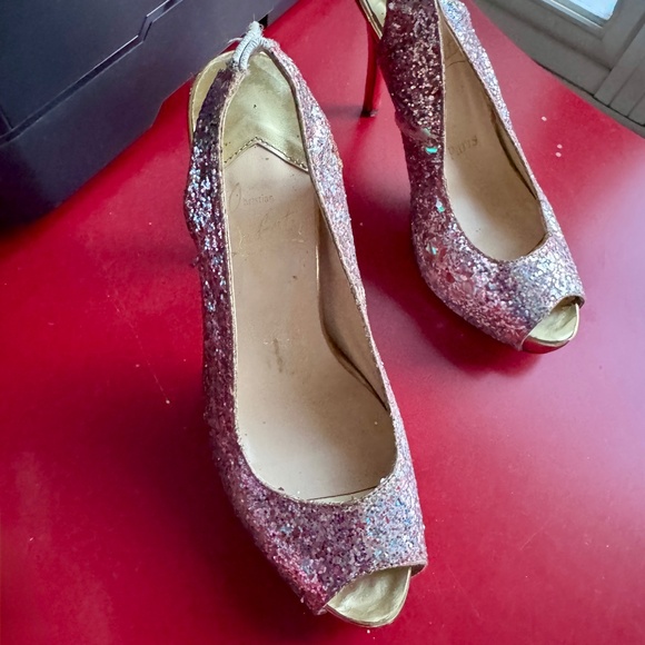 Christian Louboutin Multicolor Glitter Slingback Peep Platform Sandals Sz. 5.5 - Picture 12 of 15